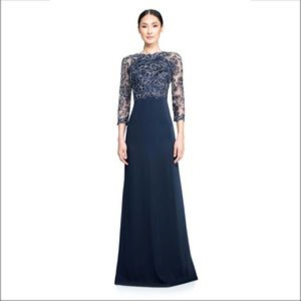 Tadashi Shoji Peony navy gown with silver cording.